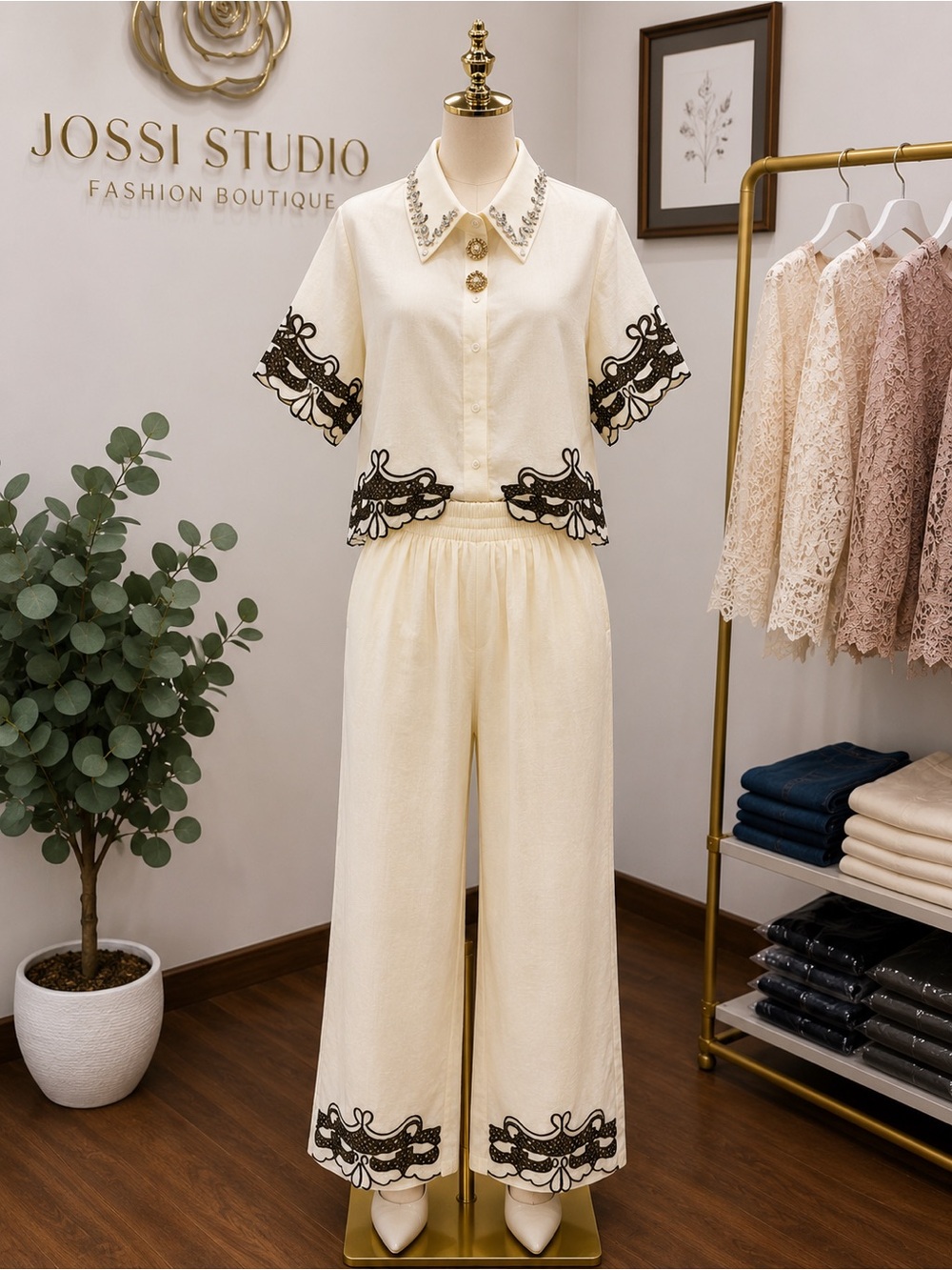 Cream Wide-Leg Embroidered Set